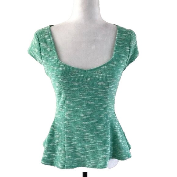 ANTHROPOLOGIE POSTMARK Endash Boucle Green White Marled Top Peplum Size XS EUC - Picture 2 of 8
